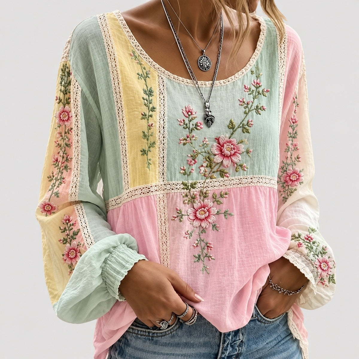 Women's Boho Embroidered Long Sleeve Blouse