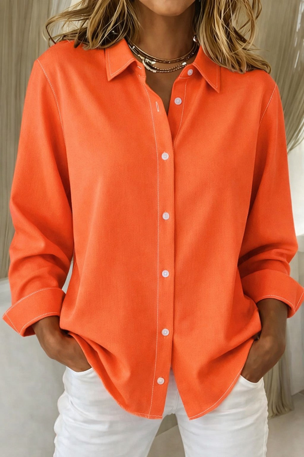 Women's Button Down Shirt Curved Hem