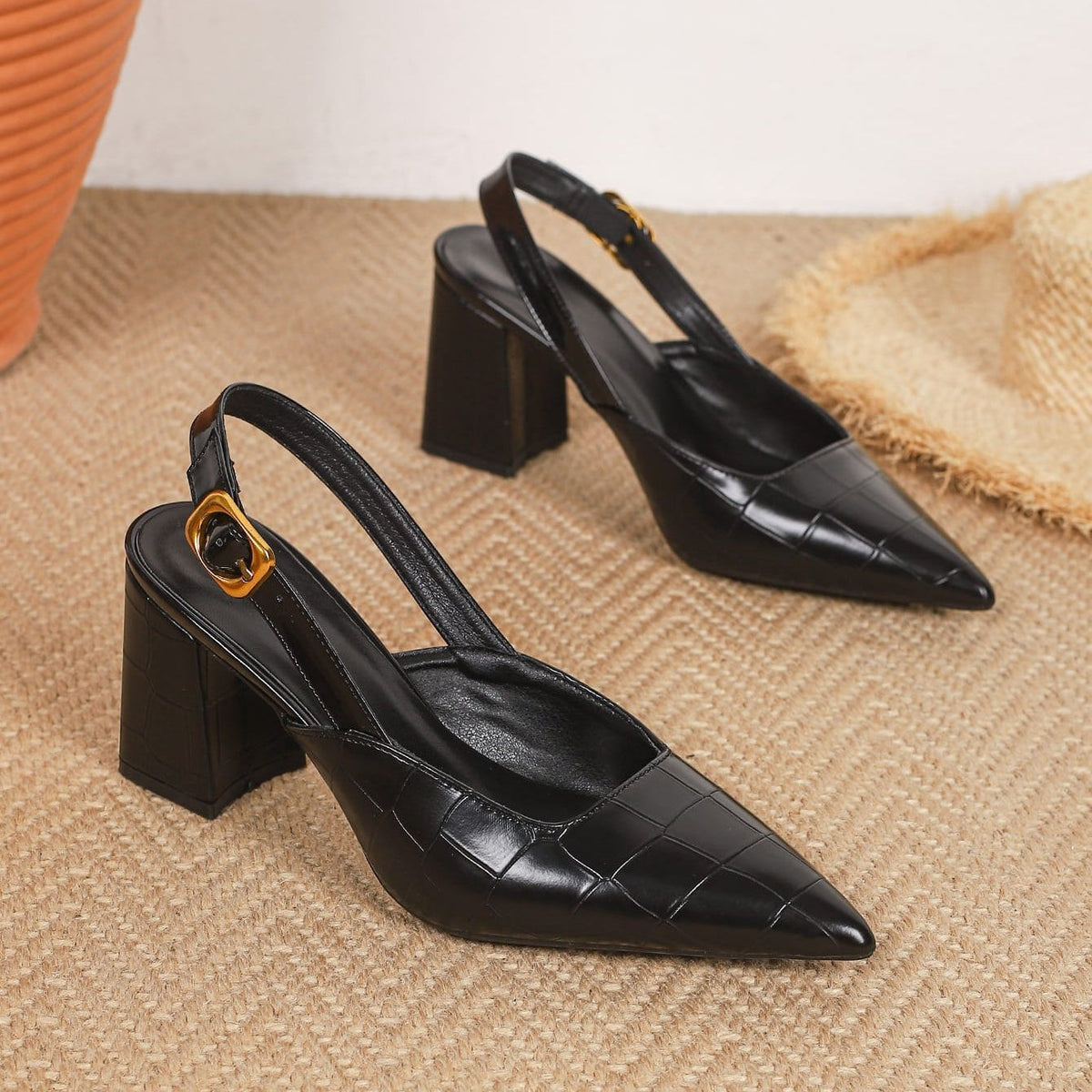 Women's V Cut Block Heel Slingback Pumps