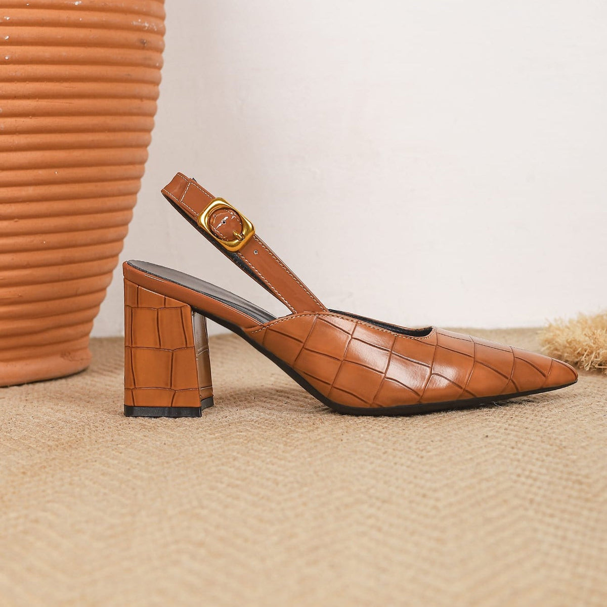Women's V Cut Block Heel Slingback Pumps
