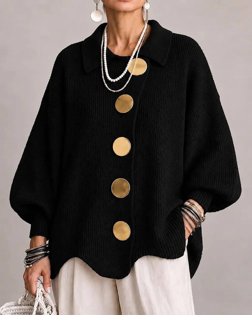 Women's Chunky Grandpa Cardigan with Collar