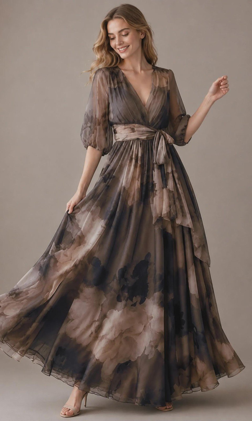 Women's Wrap Floral Vintage Neckline Evening Dress