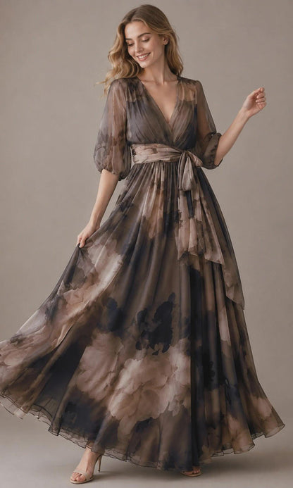 Women's Wrap Floral Vintage Neckline Evening Dress