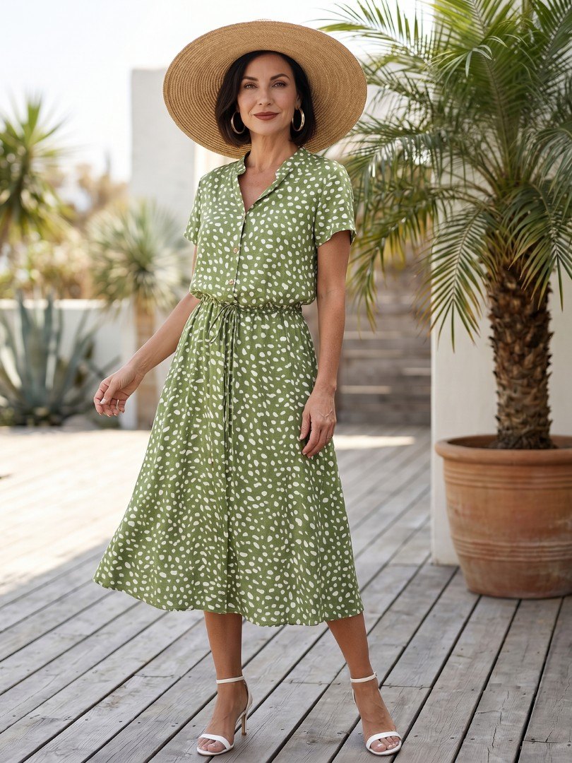 Women's Dot Print Button Front Midi Dress
