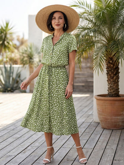 Women's Dot Print Button Front Midi Dress