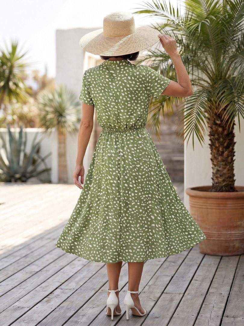 Women's Dot Print Button Front Midi Dress