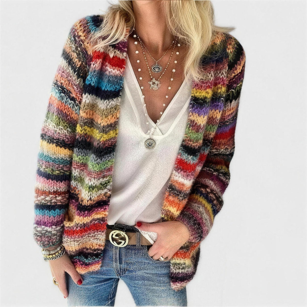 Women's Striped Open Front Cardigan