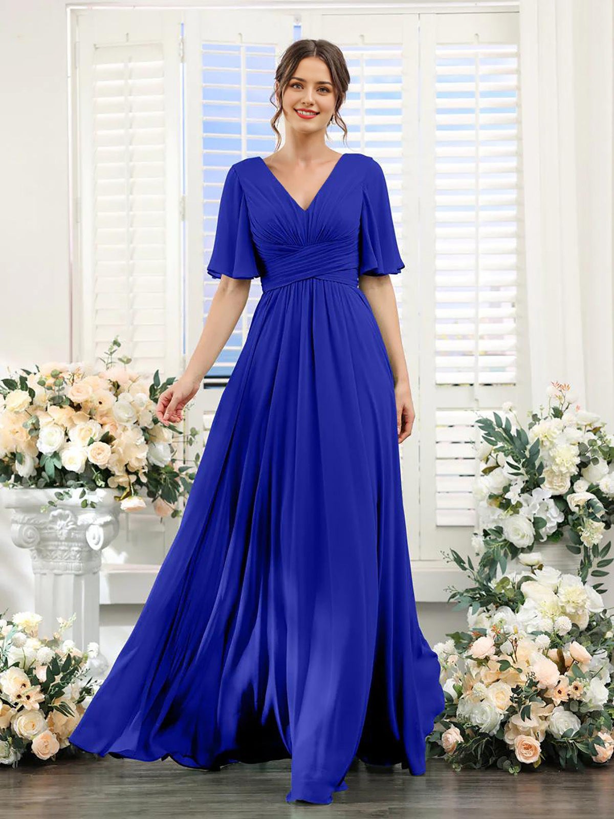 Women's Chiffon Maxi Dress with Flutter Sleeves