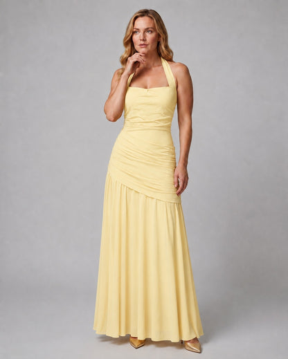 Women's Ruched Halter Chiffon Maxi Dress