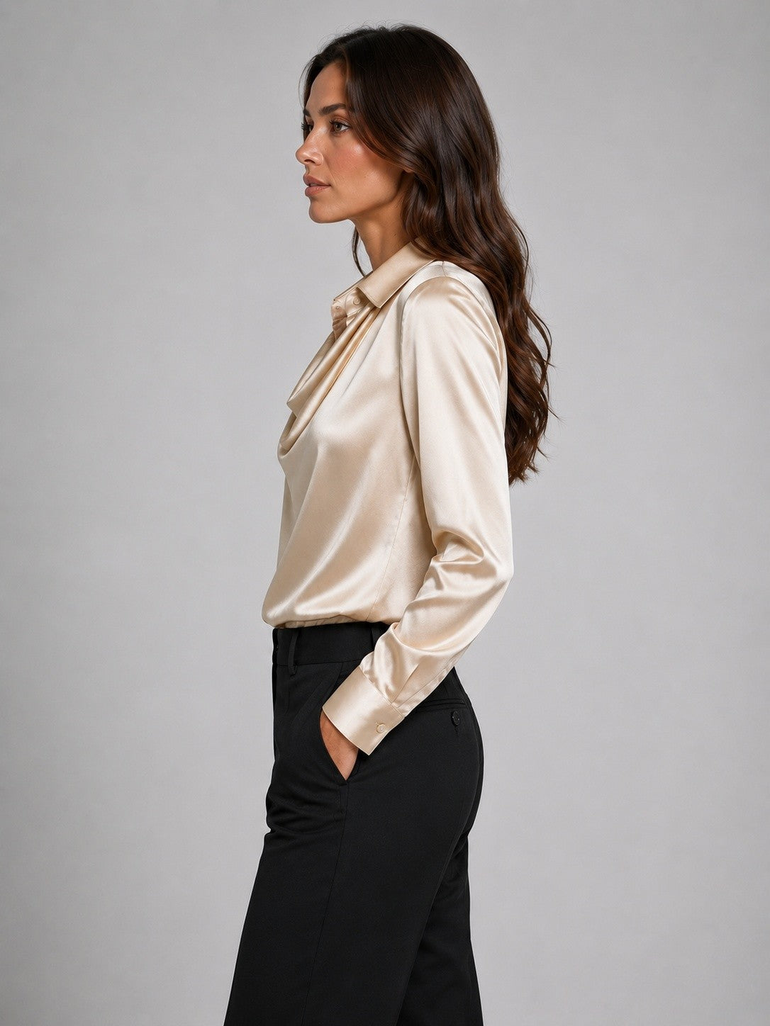 Women's Cowl Neck Satin Blouse with Collar
