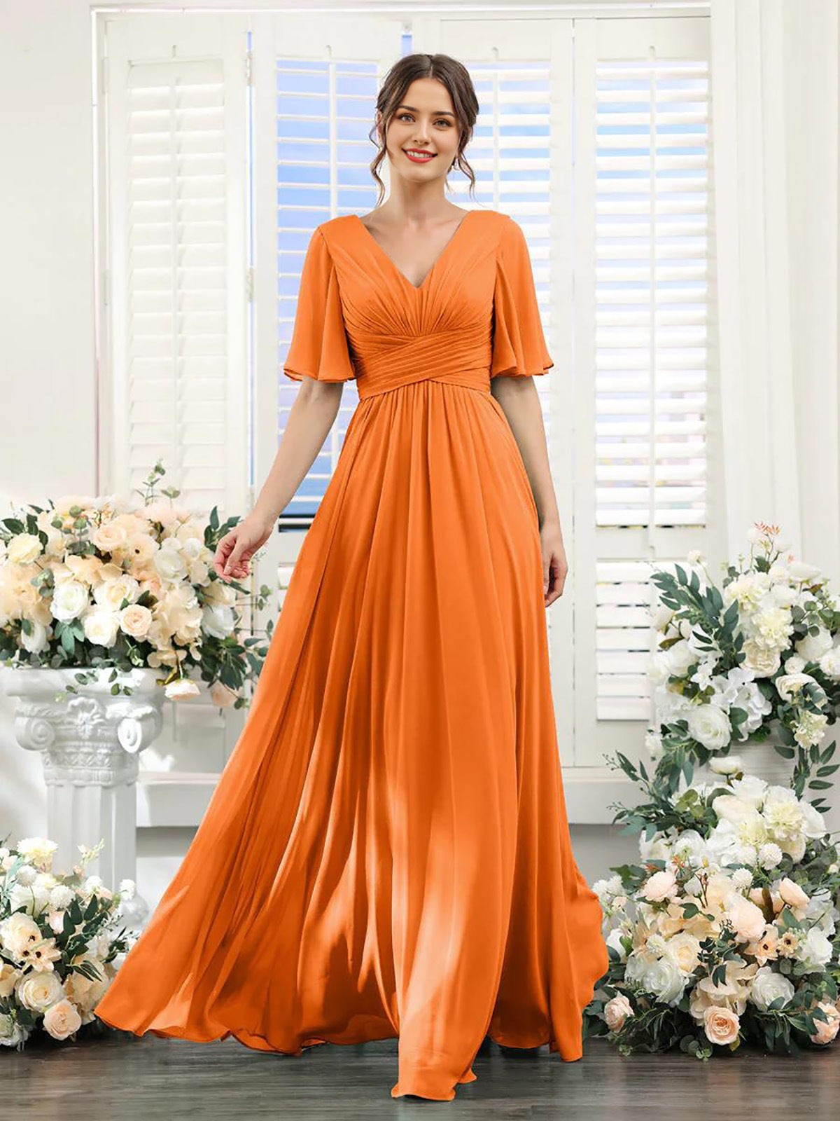 Women's Chiffon Maxi Dress with Flutter Sleeves