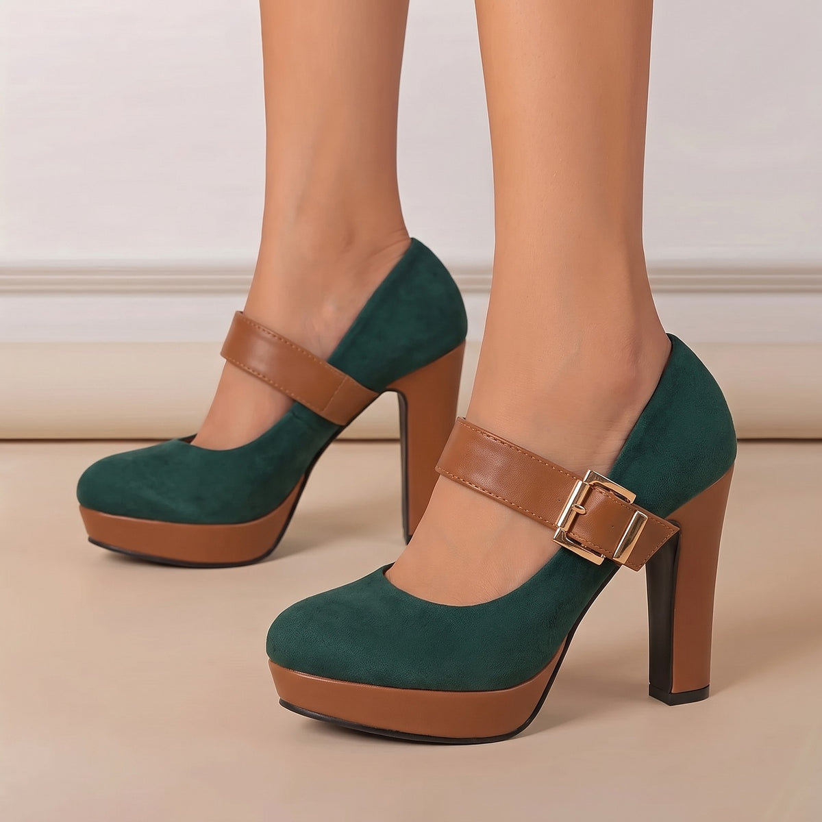 Women's Double Buckle Platform Block Heel Pumps