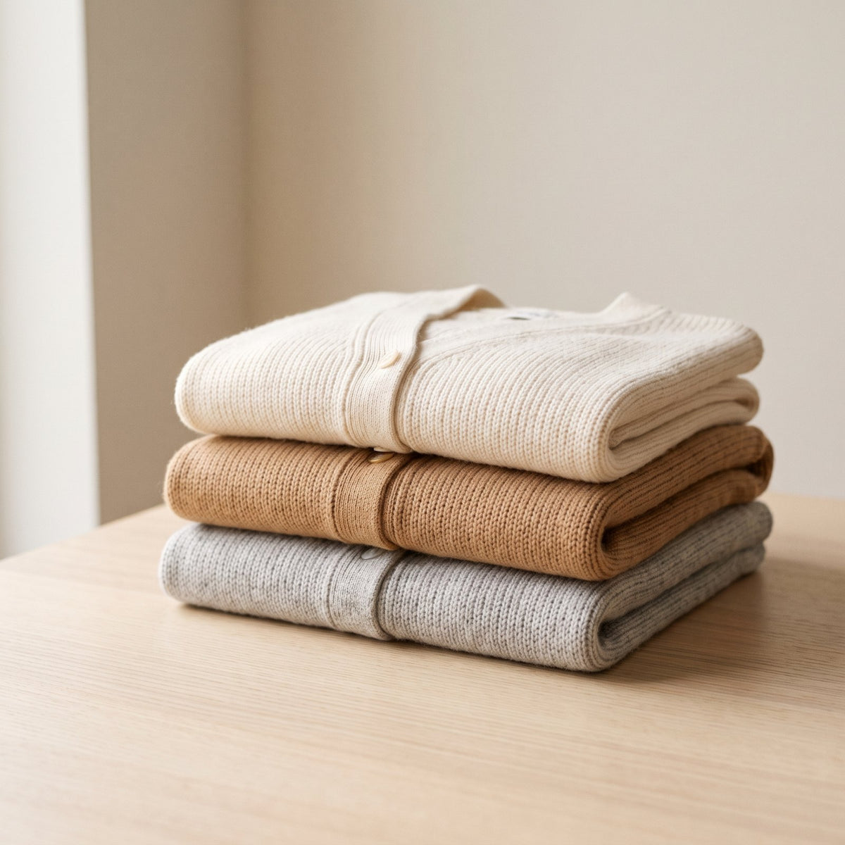 Folded knit cardigans in cream, camel and gray