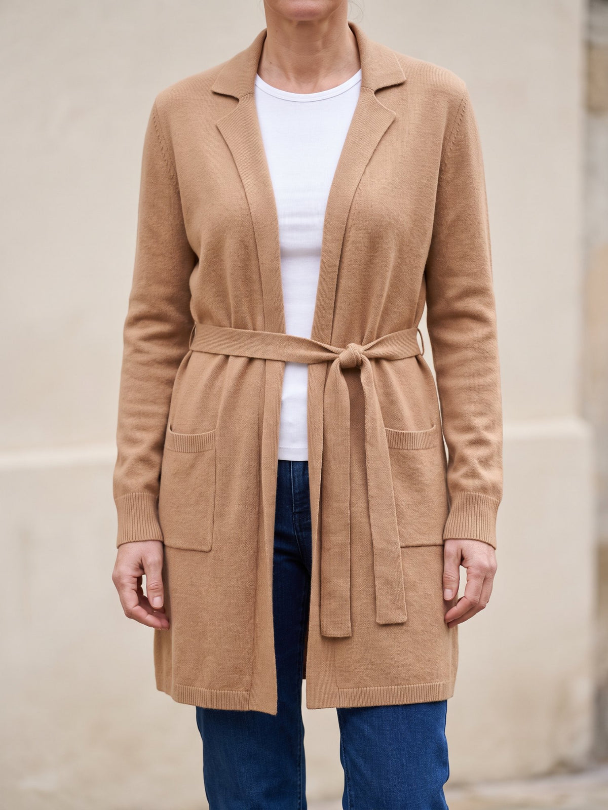 Women's Long Belted Cardigan with Pockets in Camel, front view