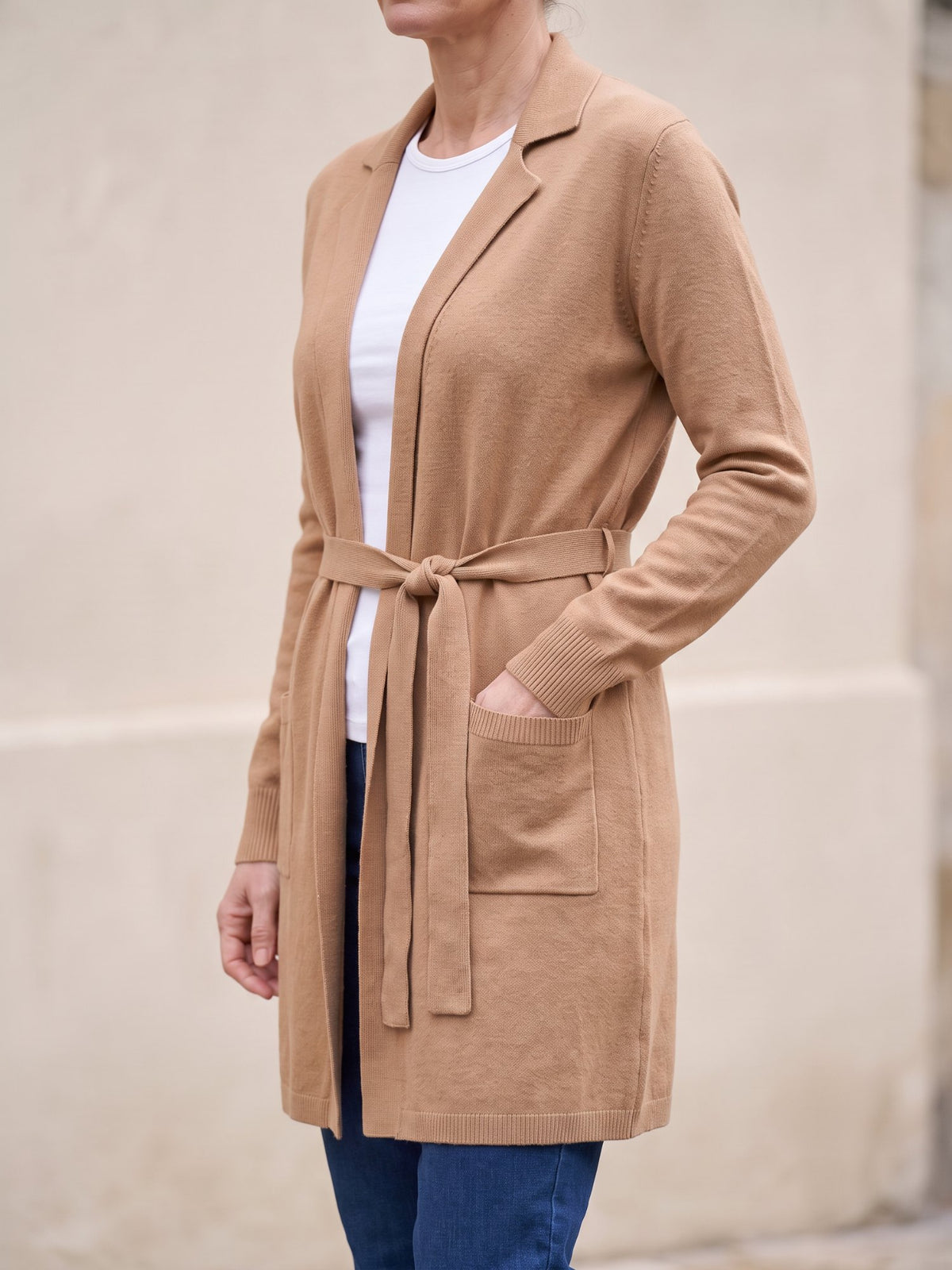 Women's Long Belted Cardigan with Pockets in Camel, side view