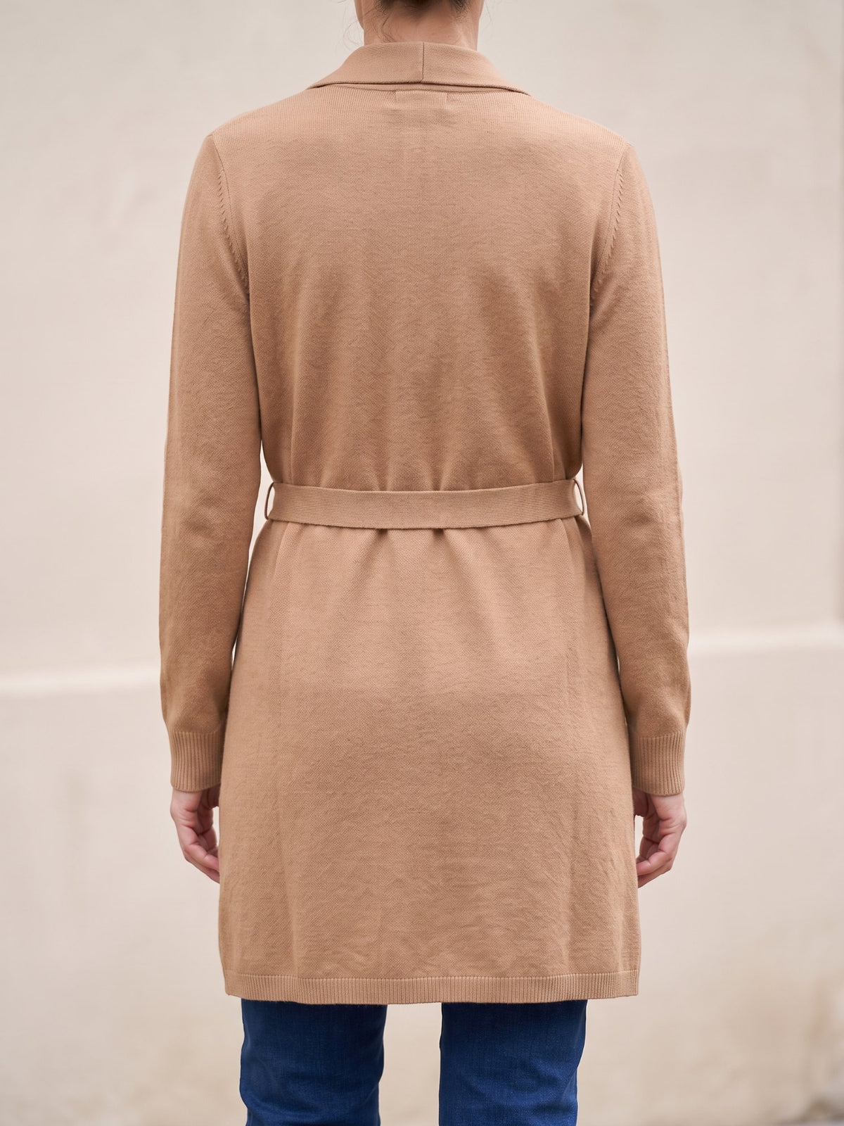 Women's Long Belted Cardigan with Pockets in Camel, back view
