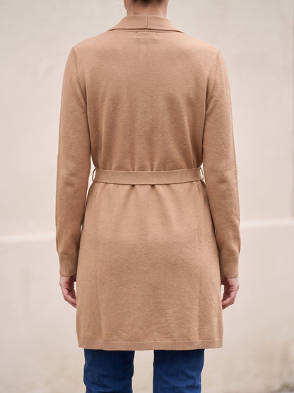 Women's Long Belted Cardigan with Pockets in Camel, back view