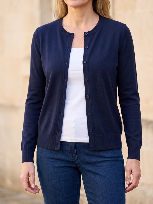 Women's Button Front Crew Neck Cardigan in Navy, front view