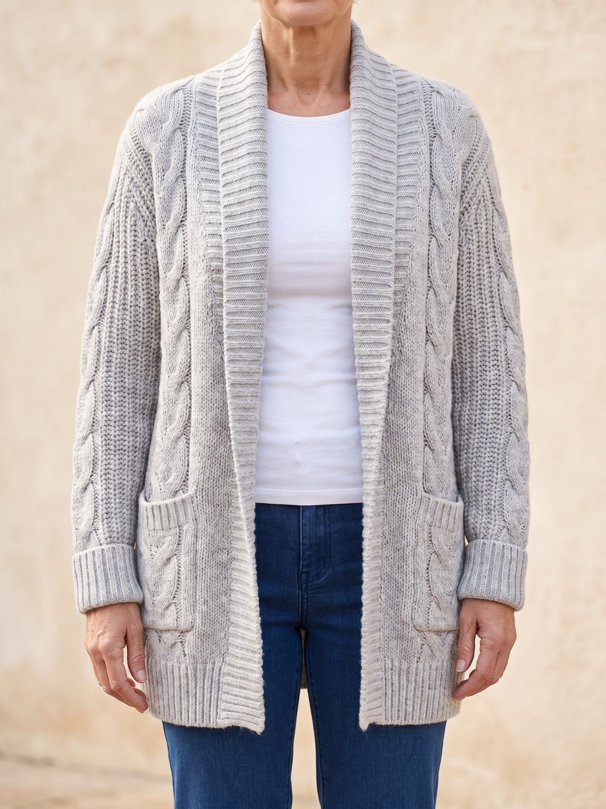Women's Chunky Cable Knit Cardigan with Pockets in Gray, front view