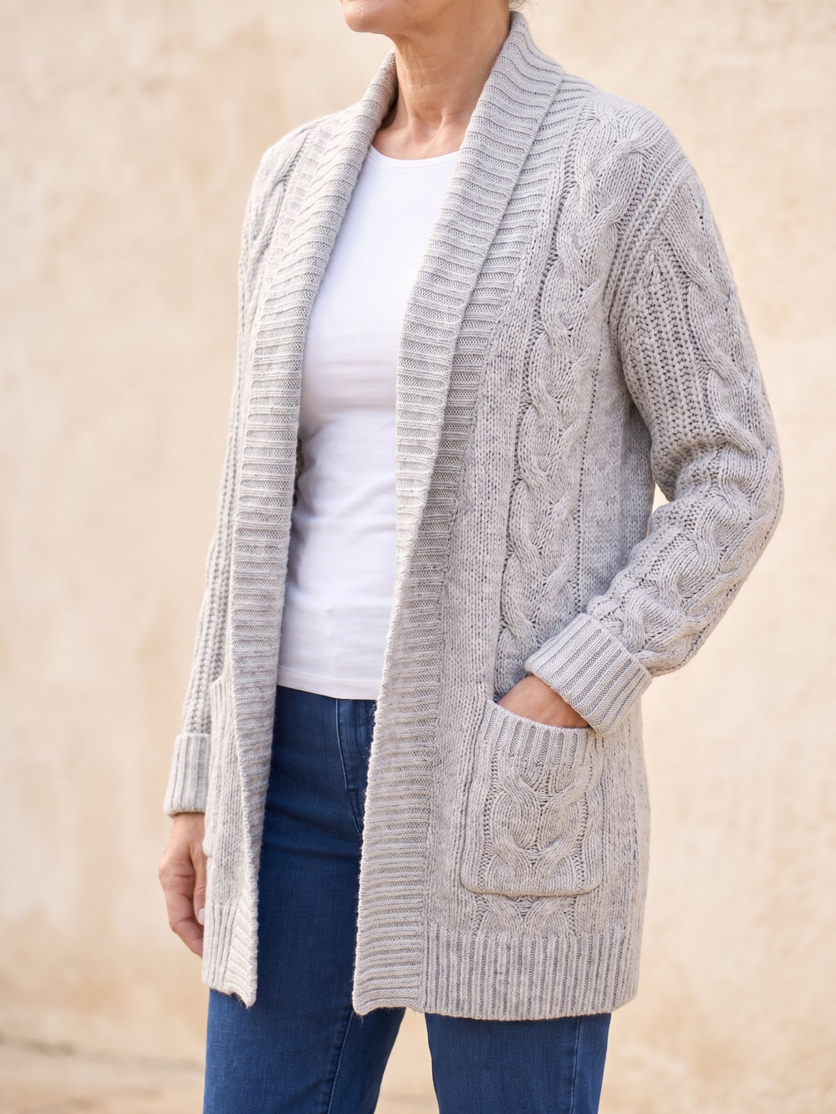 Women's Chunky Cable Knit Cardigan with Pockets in Gray, side view