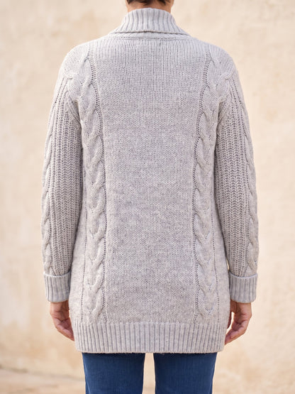 Women's Chunky Cable Knit Cardigan with Pockets in Gray, back view