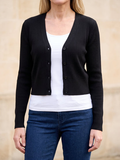 Women's Cropped Ribbed Knit Cardigan in Black, front view
