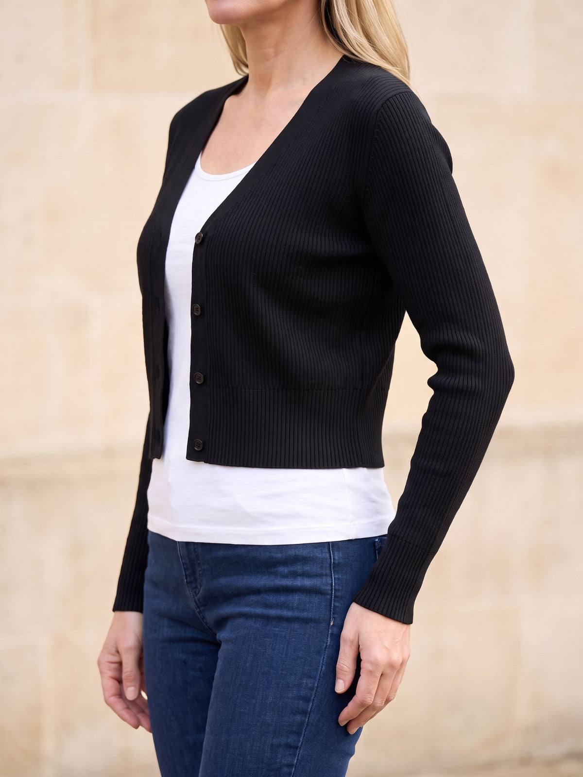 Women's Cropped Ribbed Knit Cardigan in Black, side view
