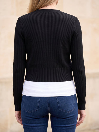 Women's Cropped Ribbed Knit Cardigan in Black, back view