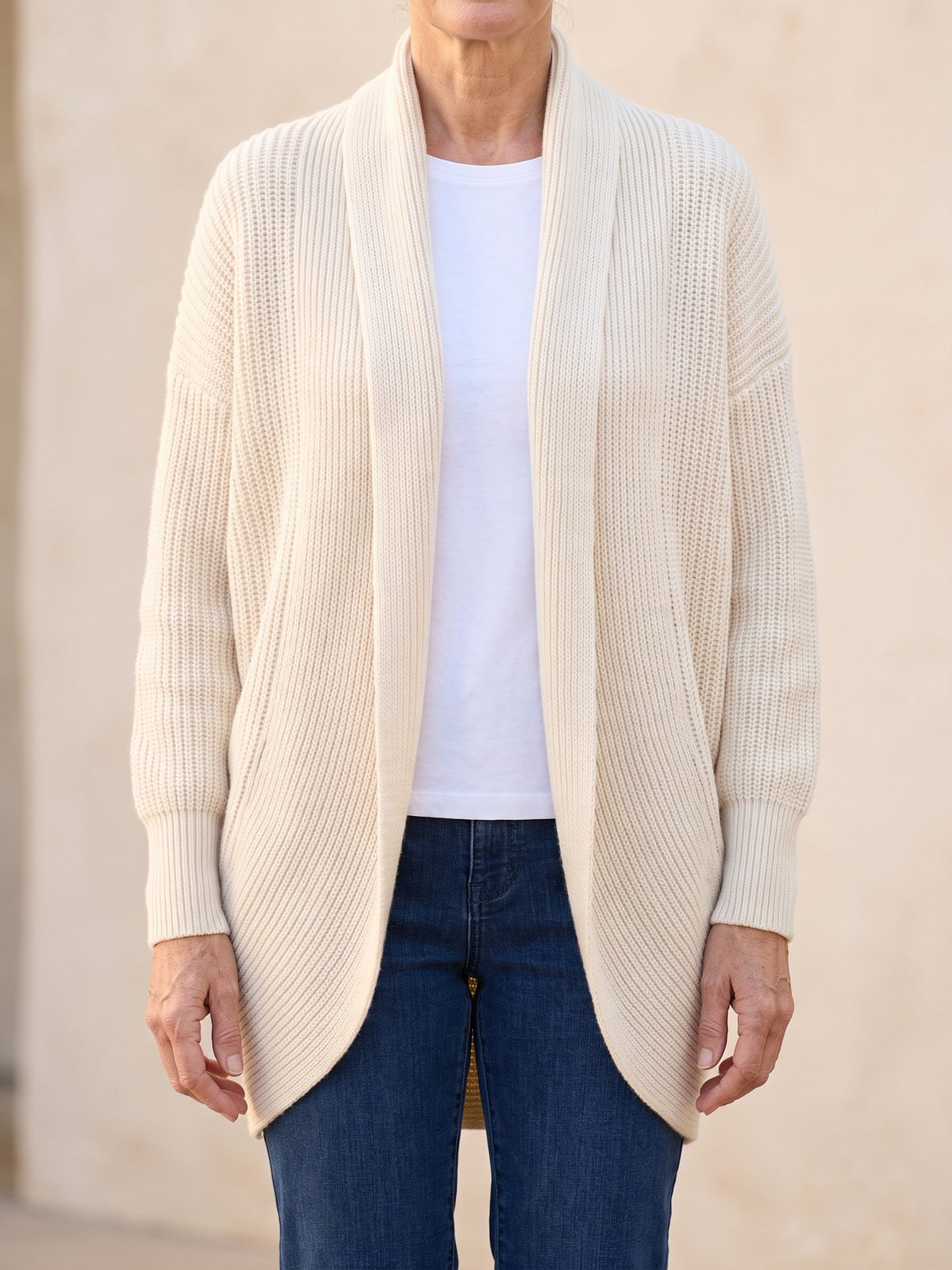 Women's Shawl Collar Open Front Cardigan in Cream, front view