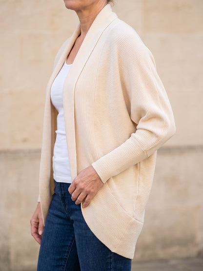 Women's Shawl Collar Open Front Cardigan in Cream, side view