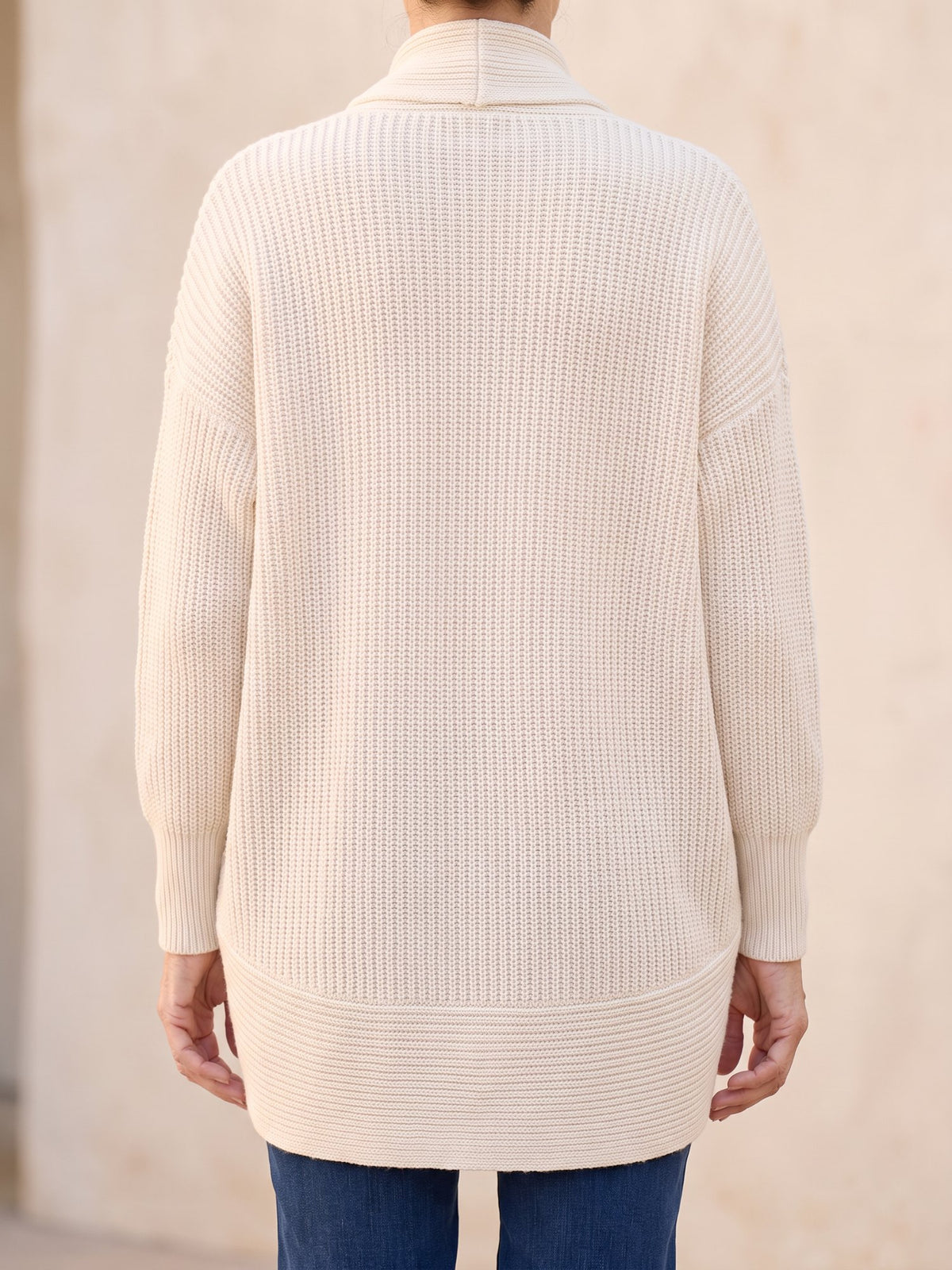 Women's Shawl Collar Open Front Cardigan in Cream, back view