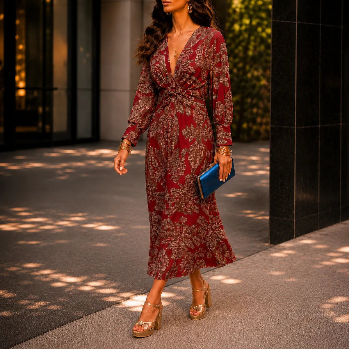 Women's Printed V Neck Wrap Dress