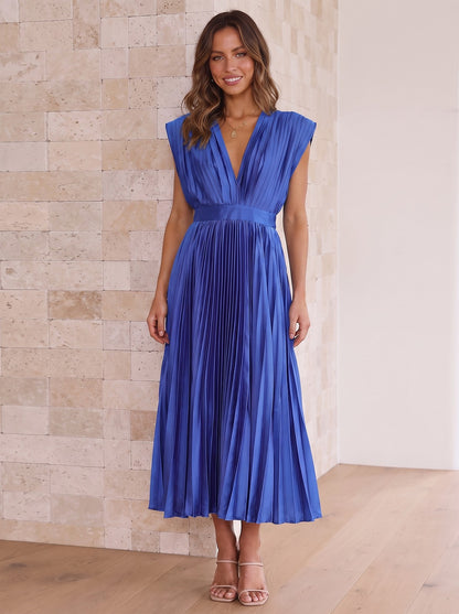 Women's V Neck Pleated Midi Formal Dress