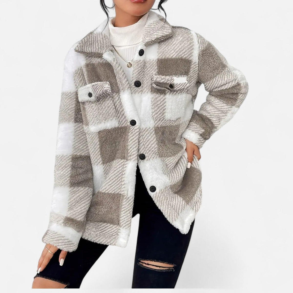Women's Plaid Teddy Shacket with Buttons