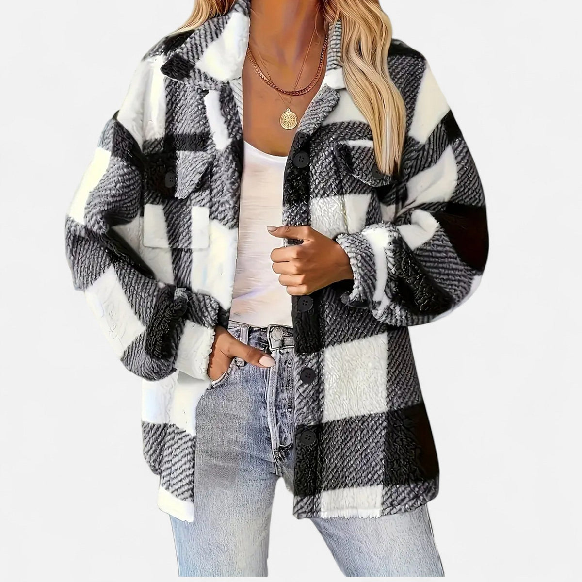 Women's Plaid Teddy Shacket with Buttons