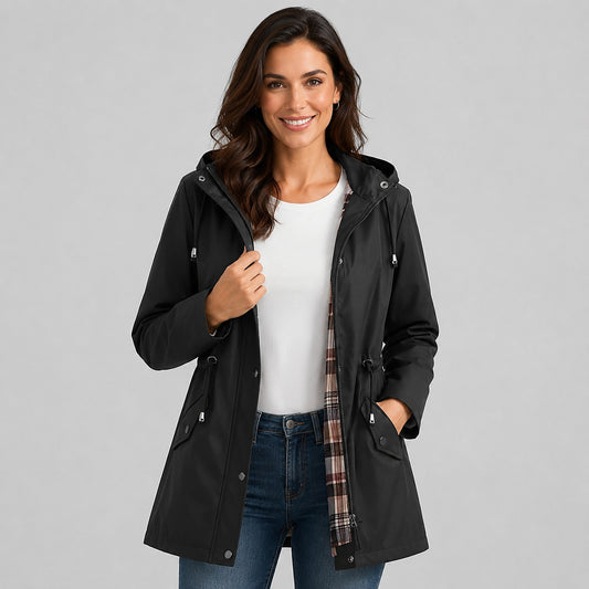 Women's Hooded Raincoat with Drawstring Waist