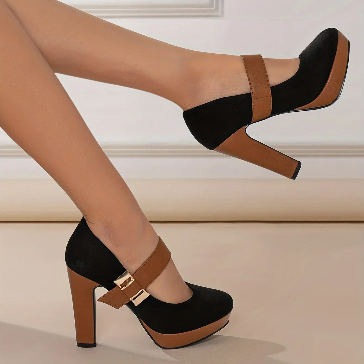 Women's Double Buckle Platform Block Heel Pumps