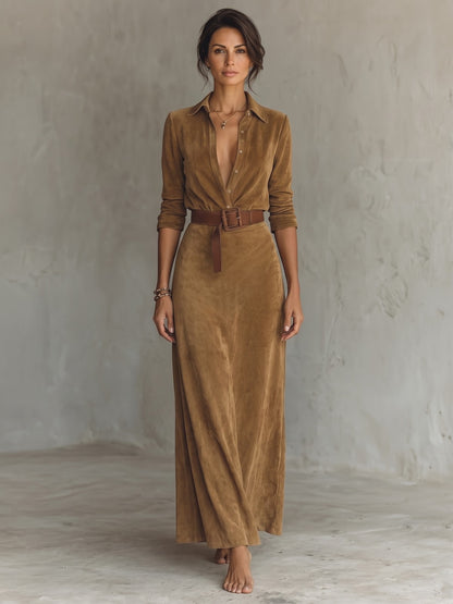 Women's Faux Suede Belted Maxi Dress