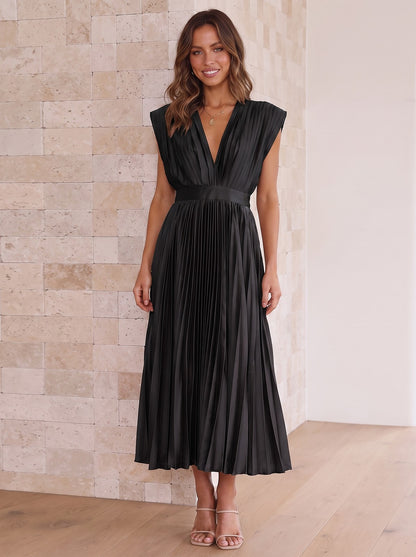 Women's V Neck Pleated Midi Formal Dress