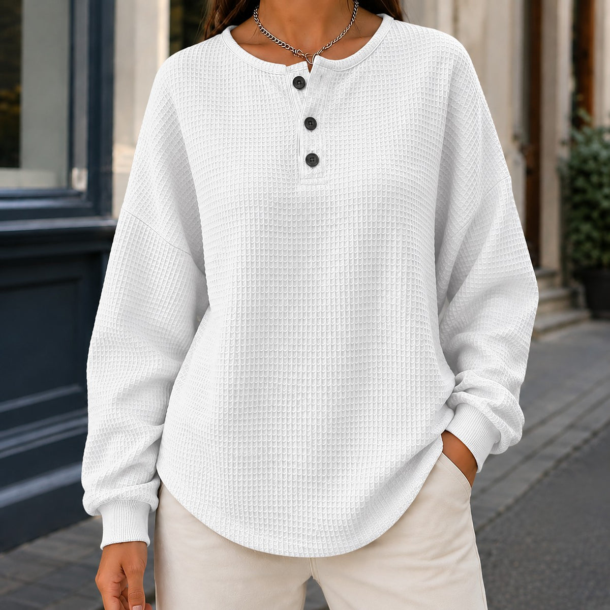 Women's Waffle Knit Sweater with Button Neck