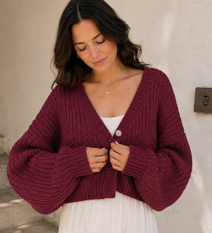 Women's Cropped Chunky Knit Balloon Sleeve Cardigan
