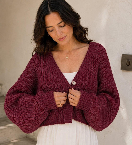 Women's Cropped Chunky Knit Balloon Sleeve Cardigan