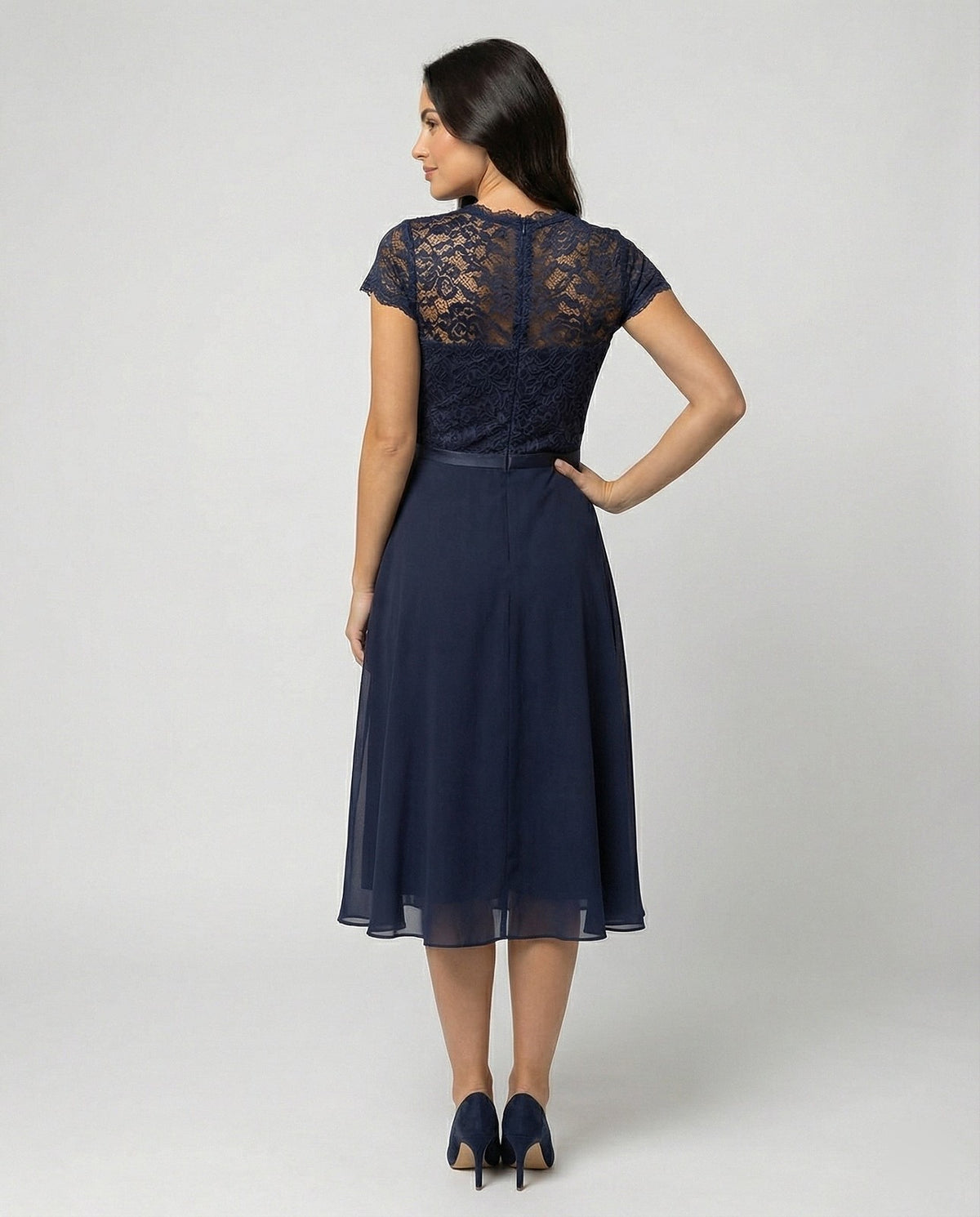 Women's Ribbon Waist Lace Chiffon Midi Dress