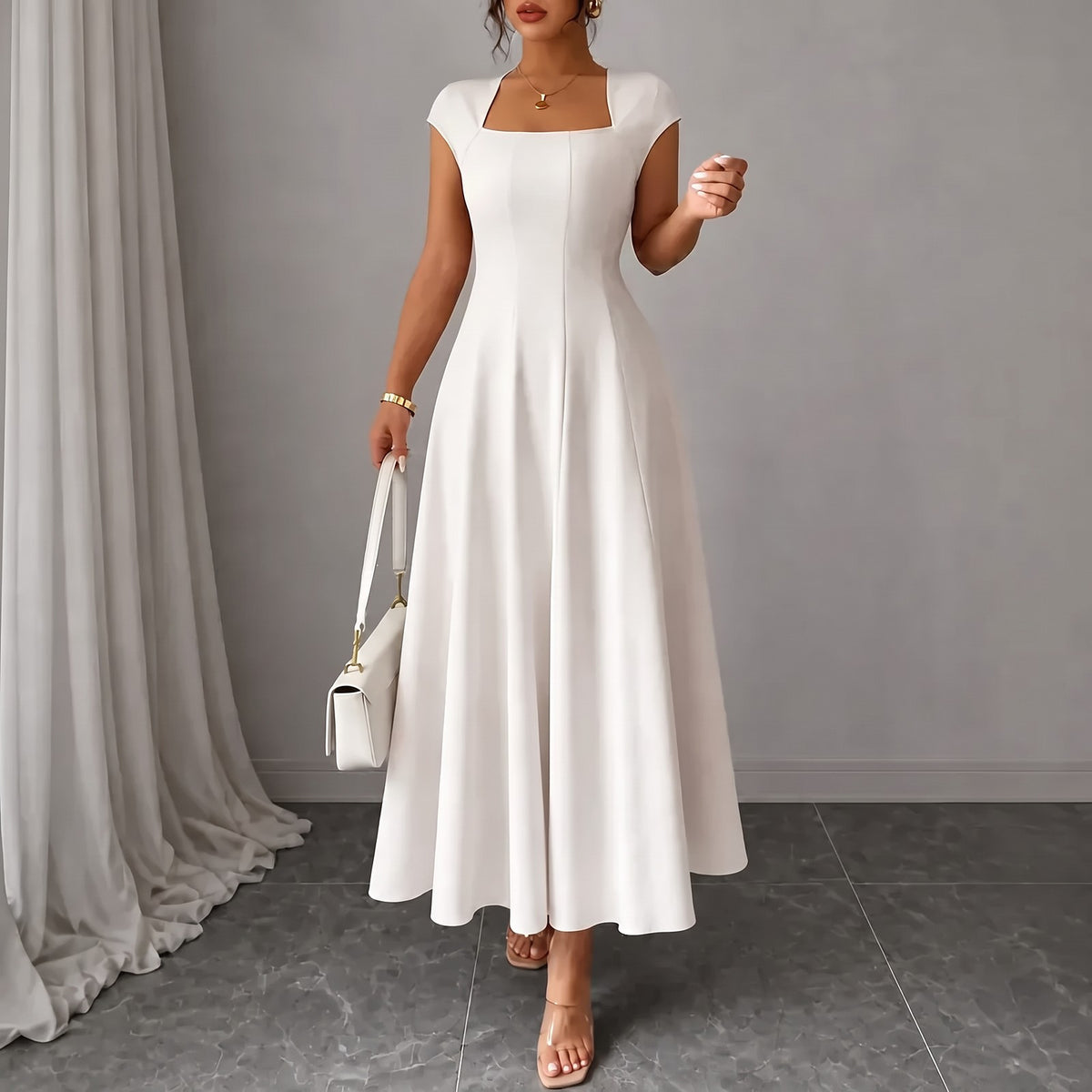 Women's Cap Sleeve Square Neck Midi Dress