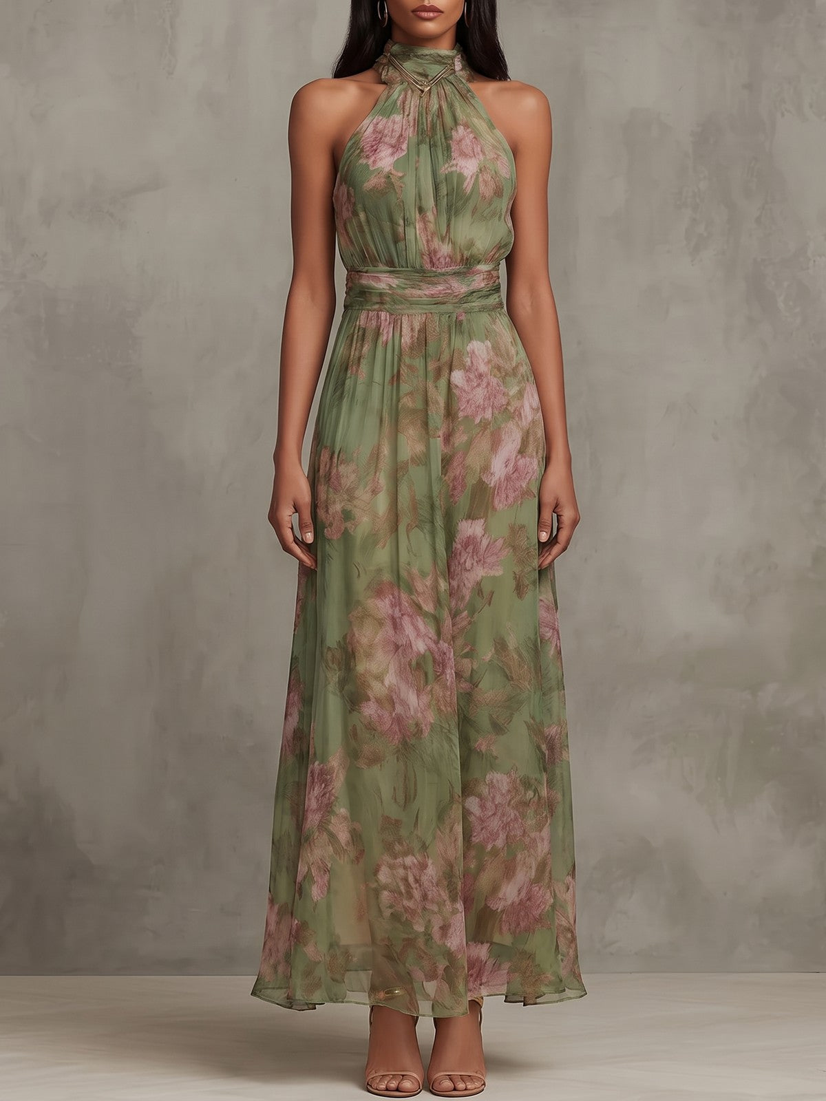 Women's Halter Neck Floral Print Maxi Dress