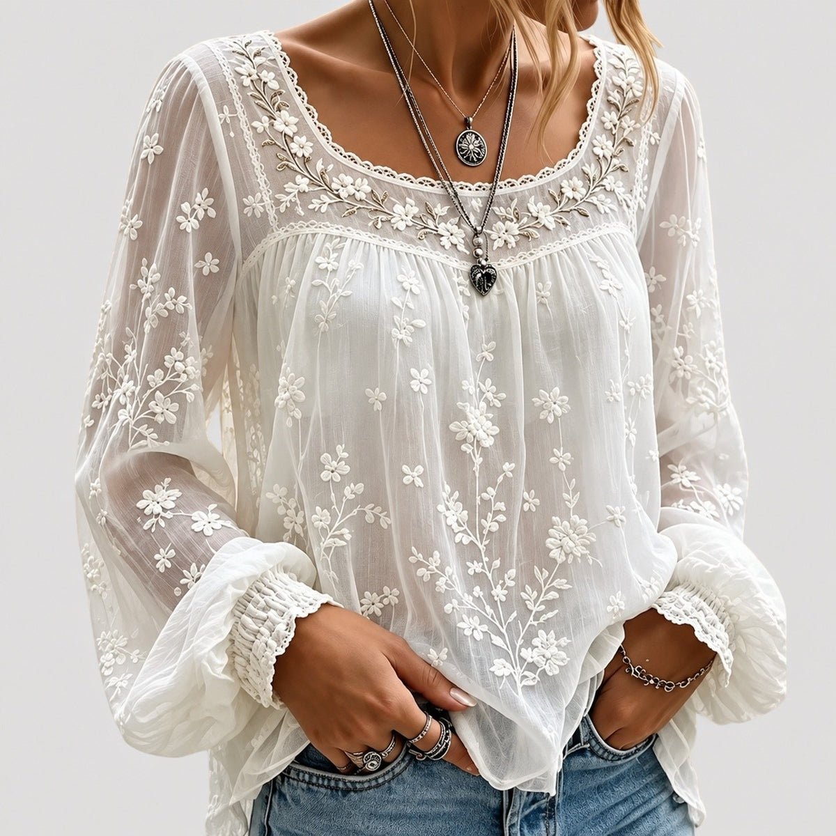 Women's Boho Embroidered Long Sleeve Blouse