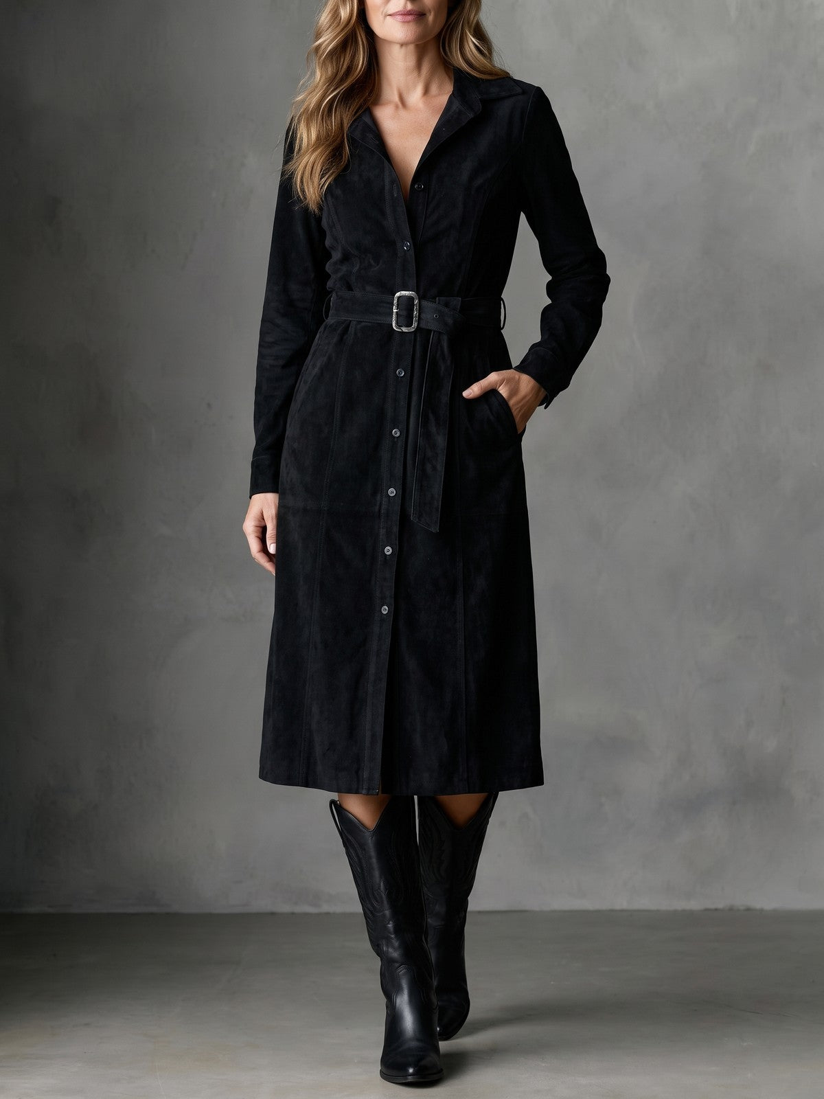 Women's Faux Suede Button Front Midi Dress