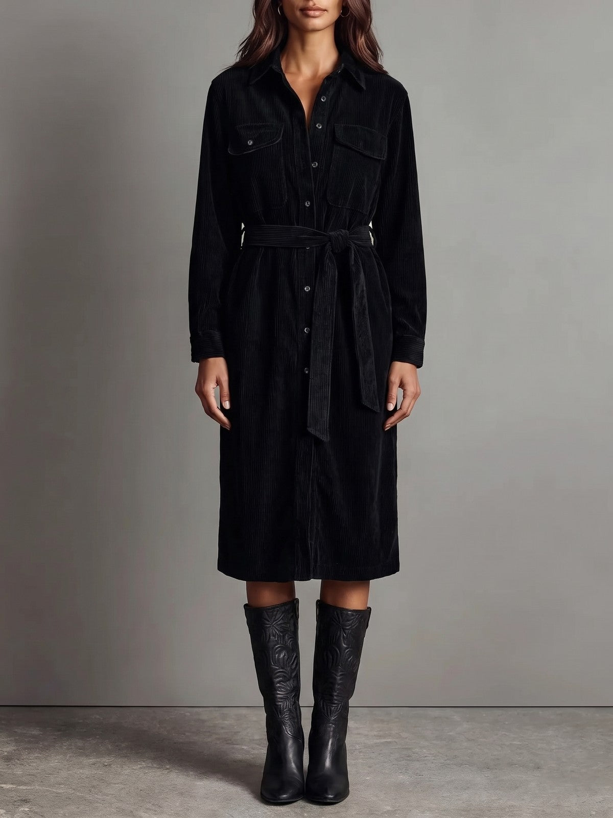 Women's Long Sleeve Shirt Dress with Belt